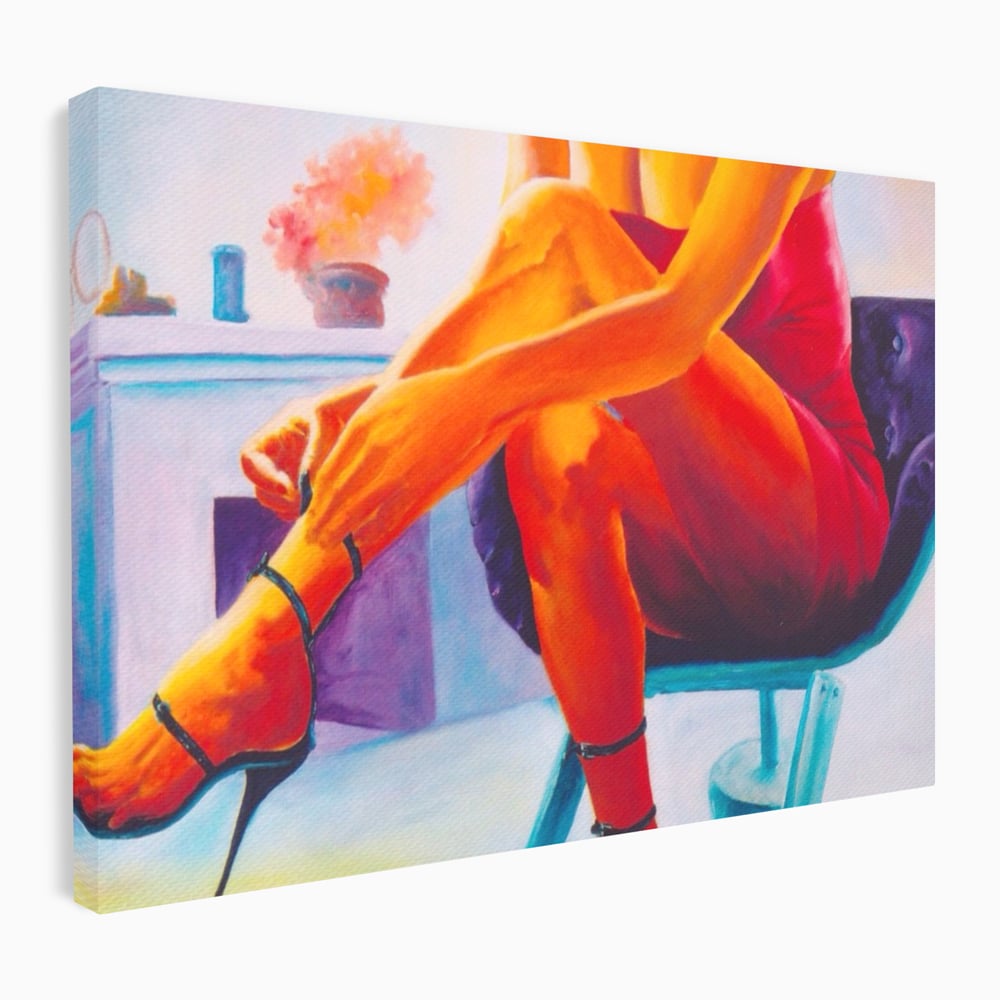 Tablou canvas cu pictura cu femeie in rochie rosie, fara rama, pe sasiu de lemn